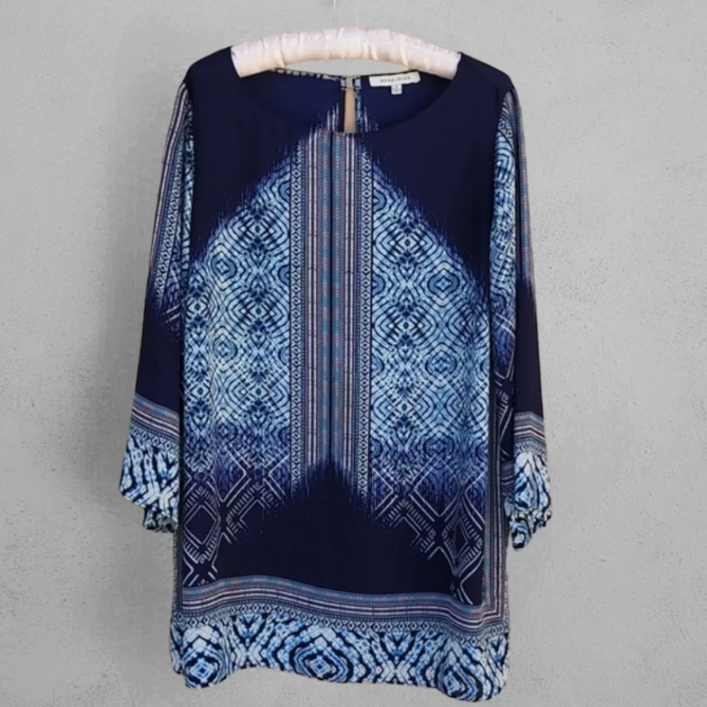 ROSE + OLIVE Batik Blue Tie Dye Tunic Top 1X Plus Tribal Boho Blouse Shirt